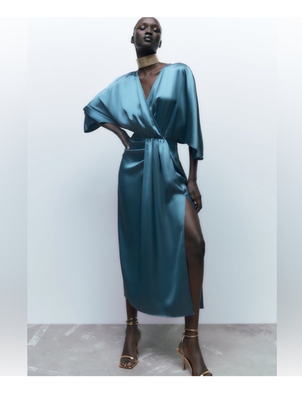 Zara Satin Teal Draped Wrap Dress